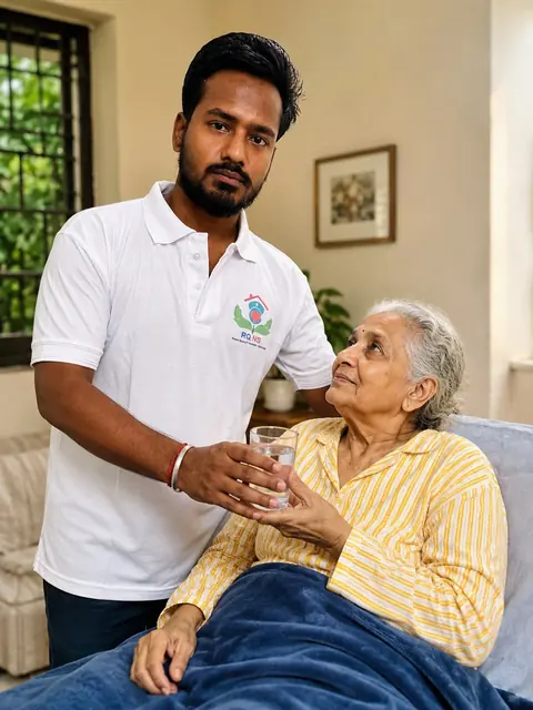 Male caregiver offering a glass of water to an elderly woman resting on a bed at home