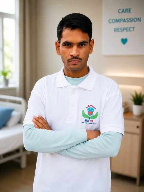 Male caregiver in a white uniform polo standing in a bedroom