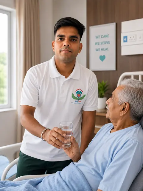 Caregiver offering a glass of water to an elderly man sitting in bed