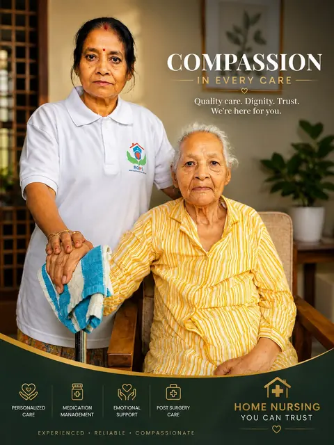 Poster: Compassion in every care, home nursing you can trust, showing a caregiver with an elderly woman