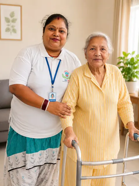 Female caregiver in uniform supporting an elderly woman using a walker