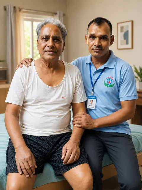 Caregiver in a blue polo sitting beside an elderly man on a bed