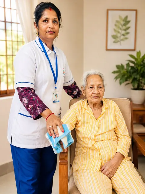 Nurse in uniform with an identity badge standing beside a seated elderly woman