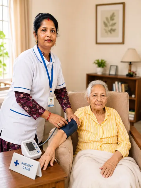 Nurse checking the blood pressure of an elderly woman with a digital monitor
