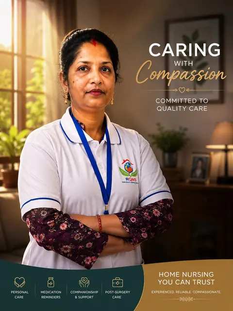 Poster: Caring with compassion, committed to quality care, with a nurse in uniform