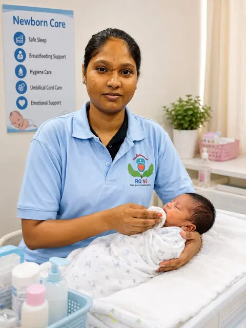 Nurse in a blue uniform tending to a newborn baby in a cot