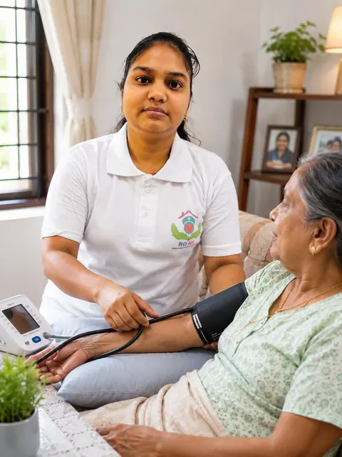 Caregiver checking the blood pressure of an elderly woman at home