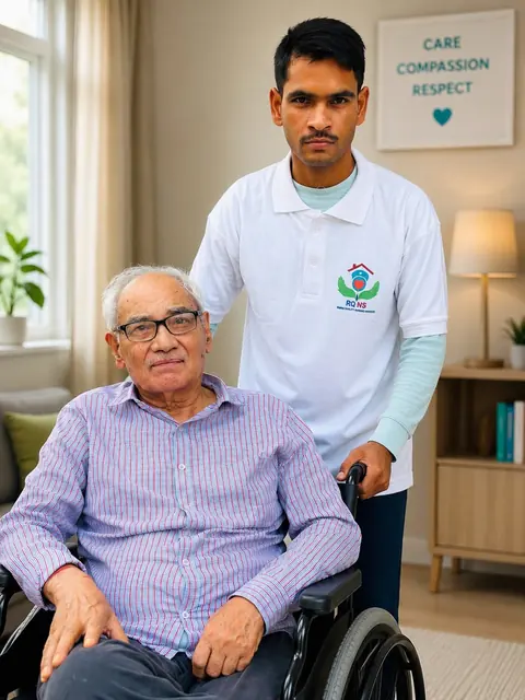 Caregiver standing behind an elderly man in a wheelchair in a living room