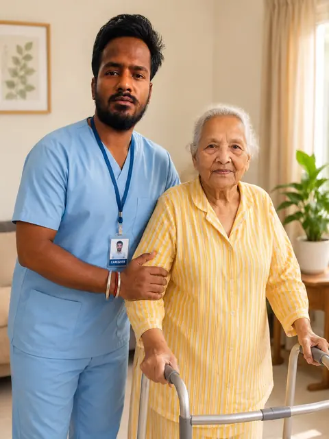 Male nurse in scrubs helping an elderly woman with a walker