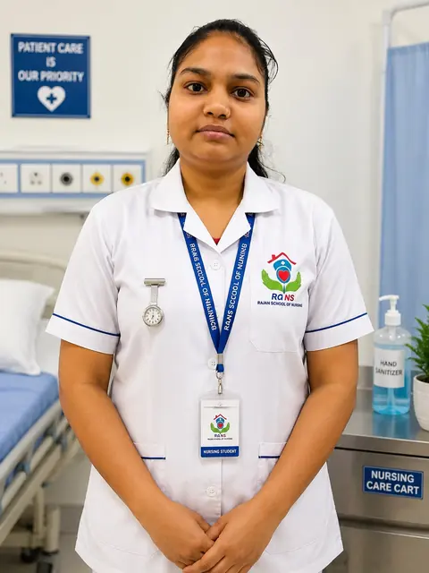 Nurse in a white uniform standing in a hospital-style care room