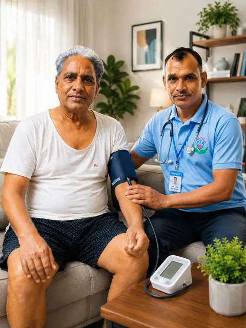 Male nurse checking an elderly man's blood pressure at home