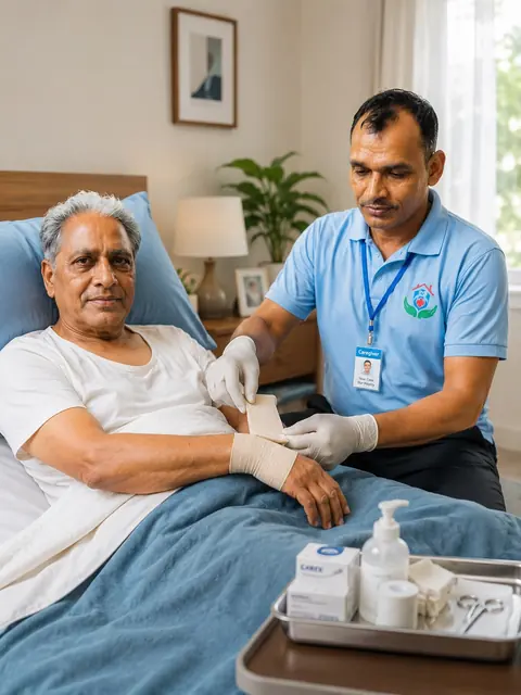 Male nurse dressing a wound on an elderly man's arm at the bedside